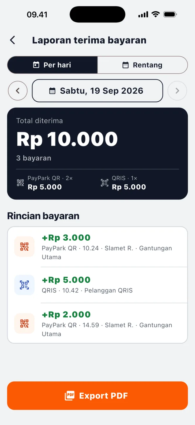 Layar Laporan terima bayaran di aplikasi PayPark Jukir