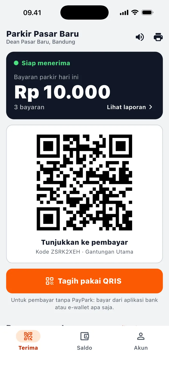 Layar Terima di aplikasi PayPark Jukir: total bayaran hari ini dan QR untuk pembayar
